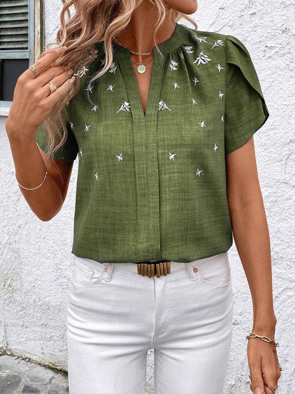 V-Neck Printed Short Sleeve Blouse