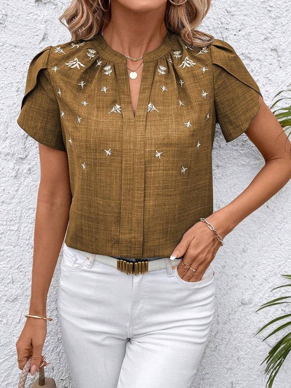 V-Neck Printed Short Sleeve Blouse