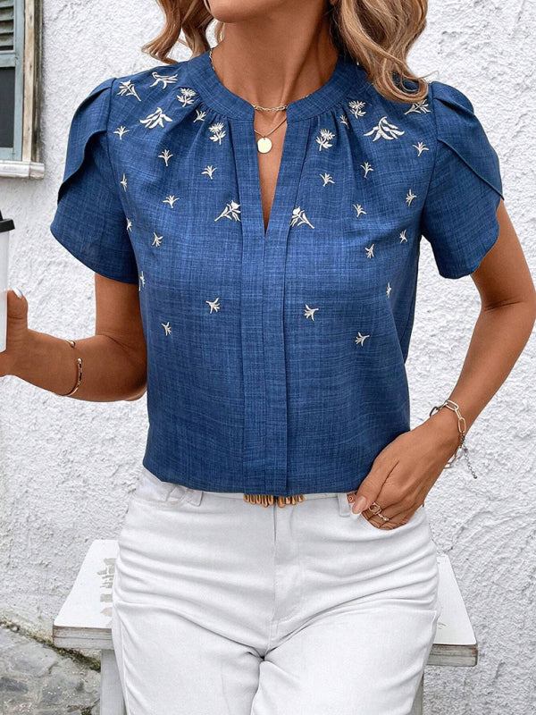 V-Neck Printed Short Sleeve Blouse