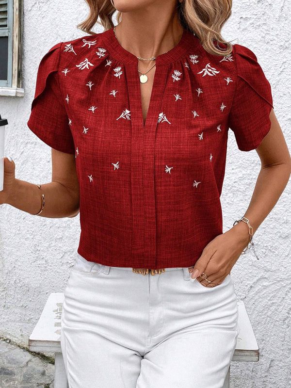 V-Neck Printed Short Sleeve Blouse