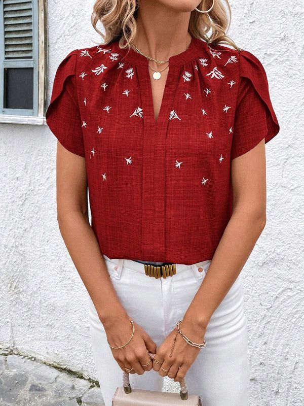 V-Neck Printed Short Sleeve Blouse