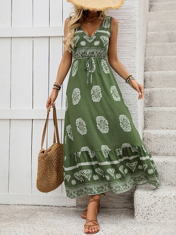 Green ethnic style casual V-neck high waist dress