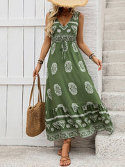 Green ethnic style casual V-neck high waist dress