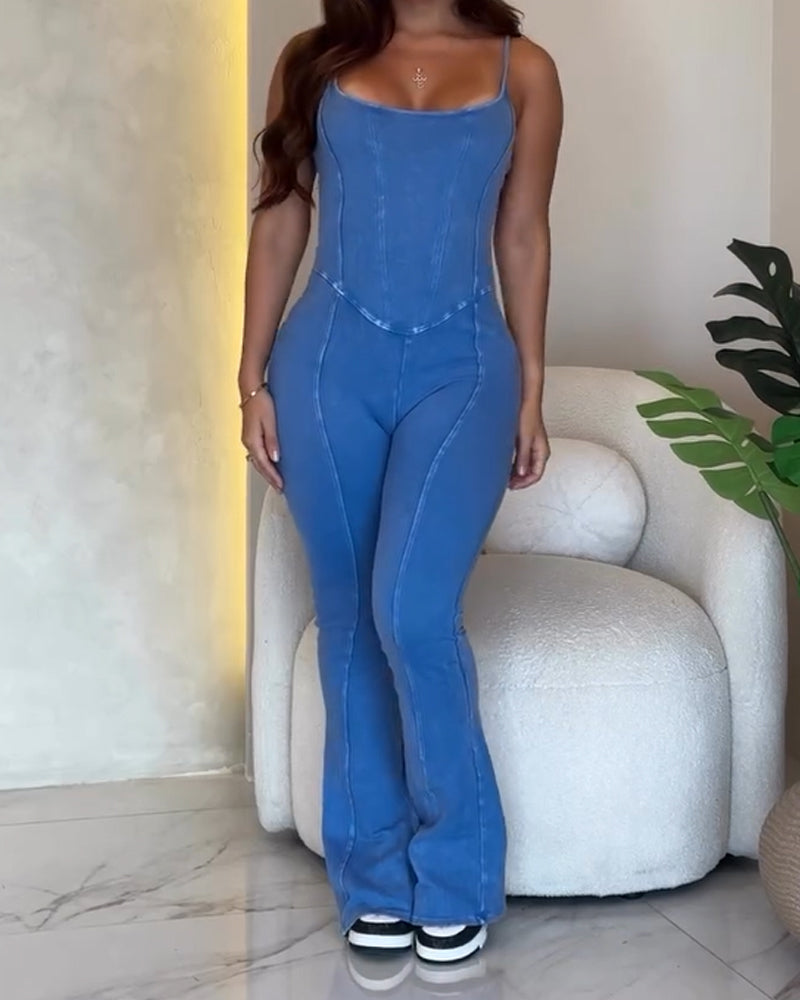 Washed Fabric Suspender Jumpsuit