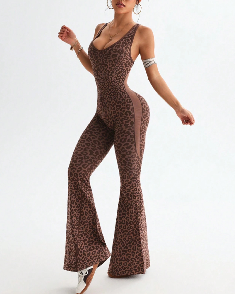 Leopard Print Criss-Cross Backless Seamless Flared Jumpsuit