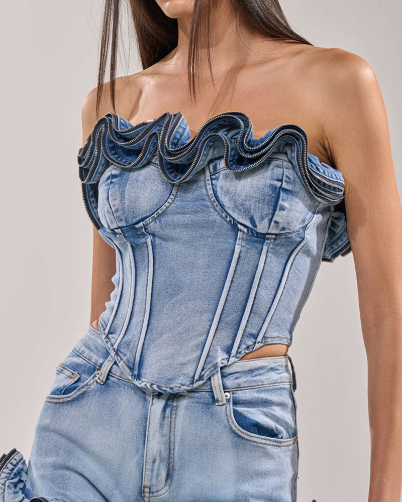Wavy Ruffle Top For Demin Corset With Zipper (Pre-sale)