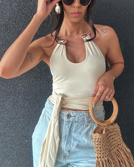 Metal Choker Halter Top With Waist Tie Detail