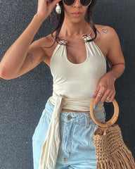 Metal Choker Halter Top With Waist Tie Detail