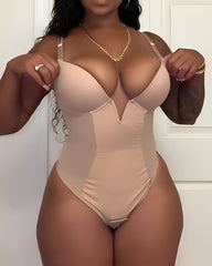 Deep V-Neck Backless Mesh Slimming Thong Bodysuit