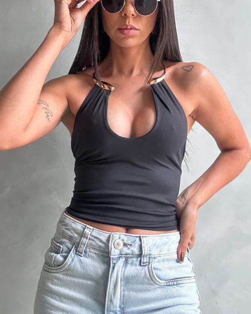 Metal Choker Halter Top With Waist Tie Detail