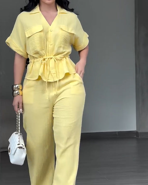 2 Piece Outfits Short Sleeve Drawstring Shirts and Wide Leg Pants With Pockets