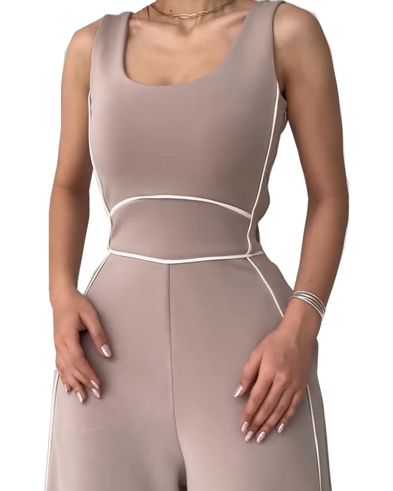 Sleeveless Wide-Leg Jumpsuit with Contrast Piping