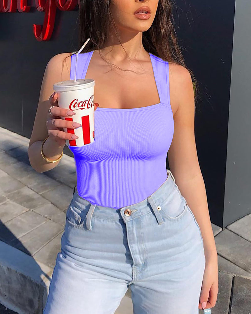 Ribbed Strappy Square Neck Sleeveless Tummy Control Tank Tops Bodysuits
