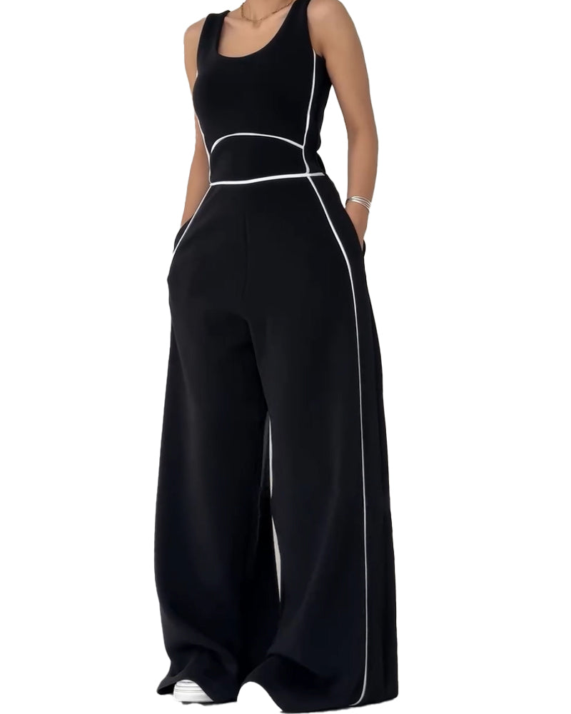 Sleeveless Wide-Leg Jumpsuit with Contrast Piping