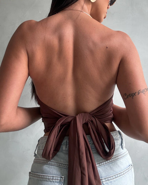Metal Choker Halter Top With Waist Tie Detail
