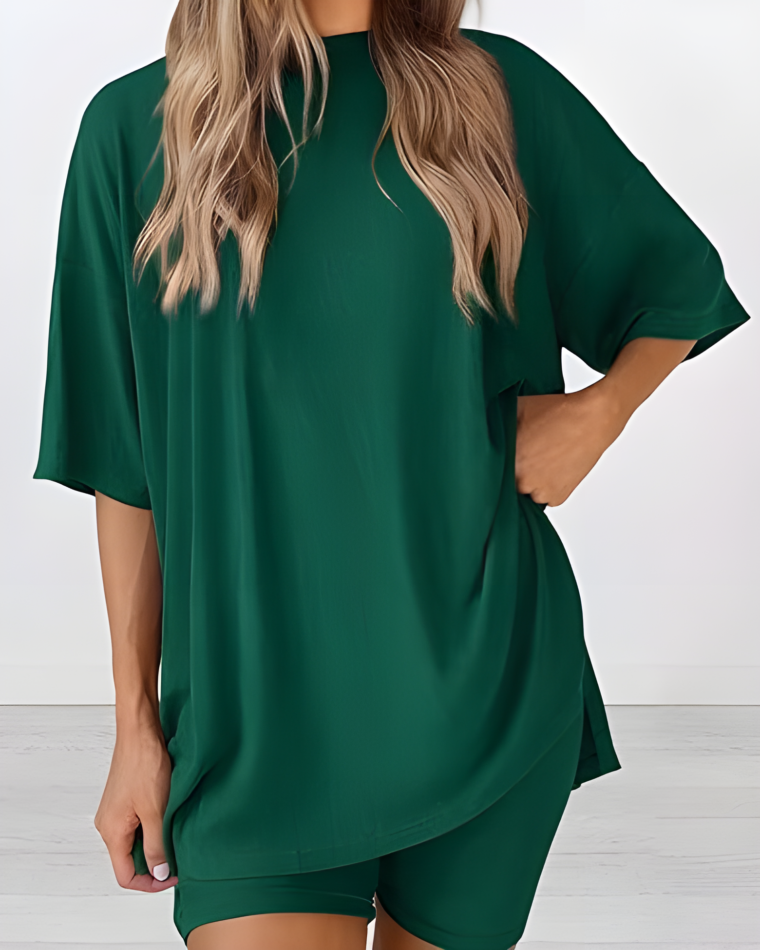 Summer Casual Two-Piece Lounge Set Oversized Split Hem Shirt