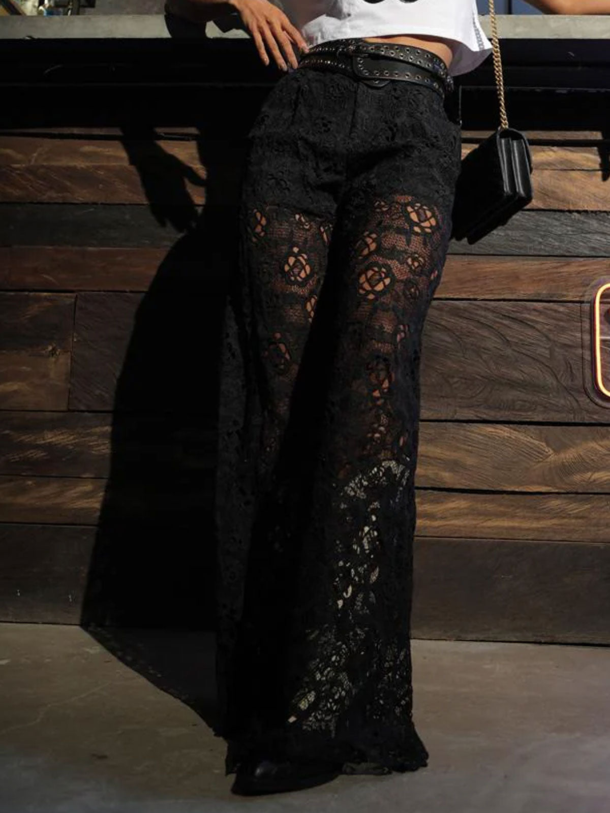 See Through Lace Slim Straight Leg Pants