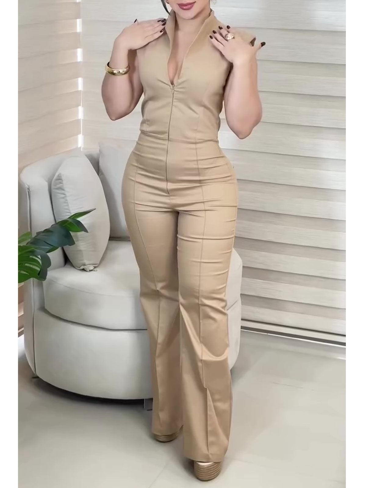 Slim Waist Zipper Jumpsuit