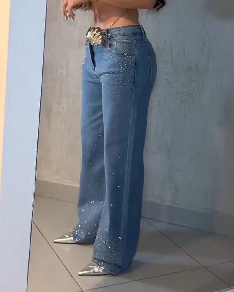 Diamond-Studded Straight-Leg Jeans Denim