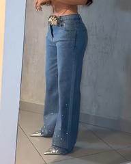 Diamond-Studded Straight-Leg Jeans Denim