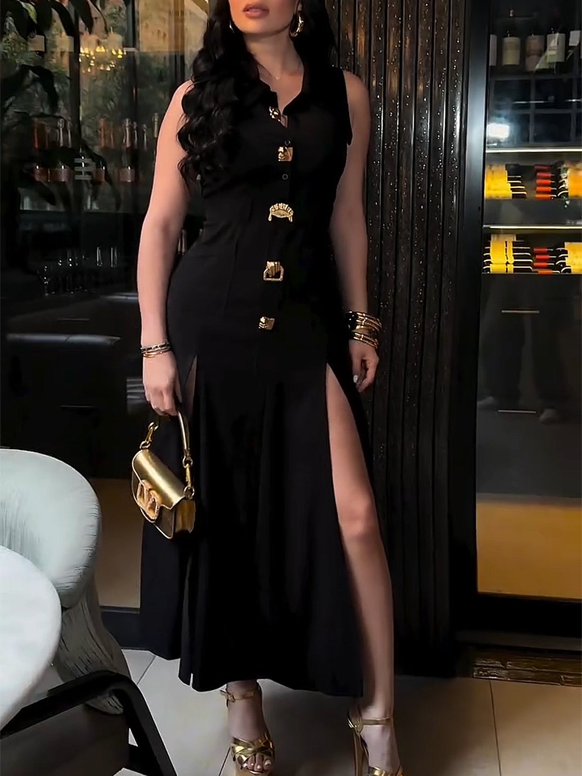 V-neck Metal Button Sleeveless Long Dress