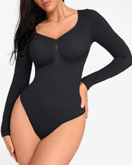 Seamless Long Sleeve Chest Support Diamond Collar Tummy Control Thong Bodysuit