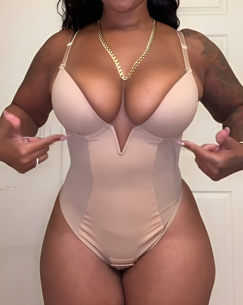 Deep V-Neck Backless Mesh Slimming Thong Bodysuit