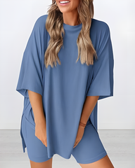 Summer Casual Two-Piece Lounge Set Oversized Split Hem Shirt