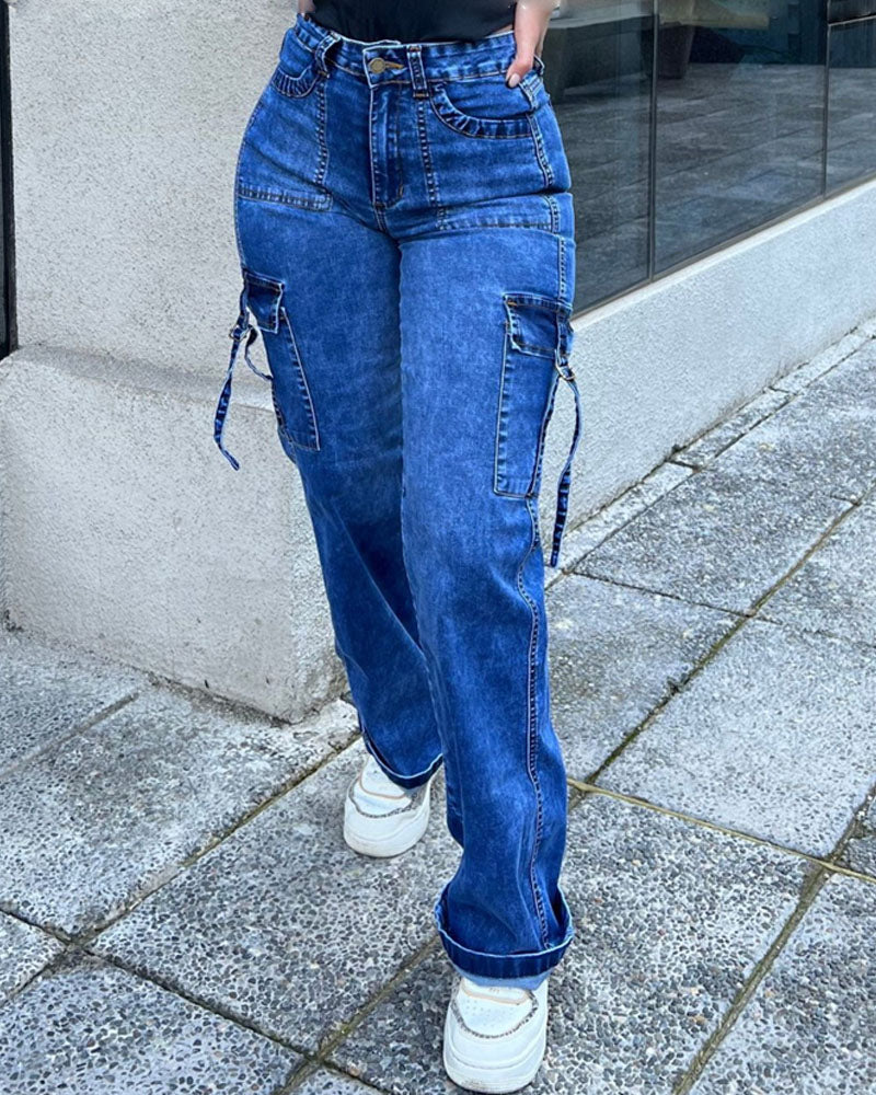 High Waist Cargo Jeans Flap Pocket Wide Leg Denim Pants