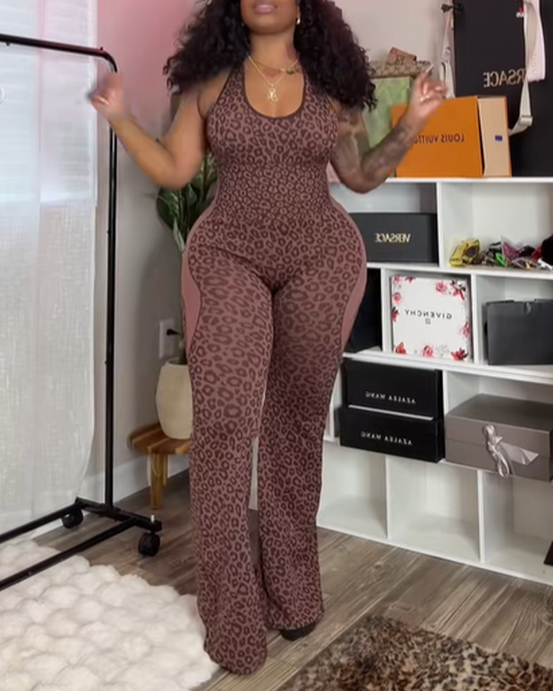 Leopard Print Criss-Cross Backless Seamless Flared Jumpsuit