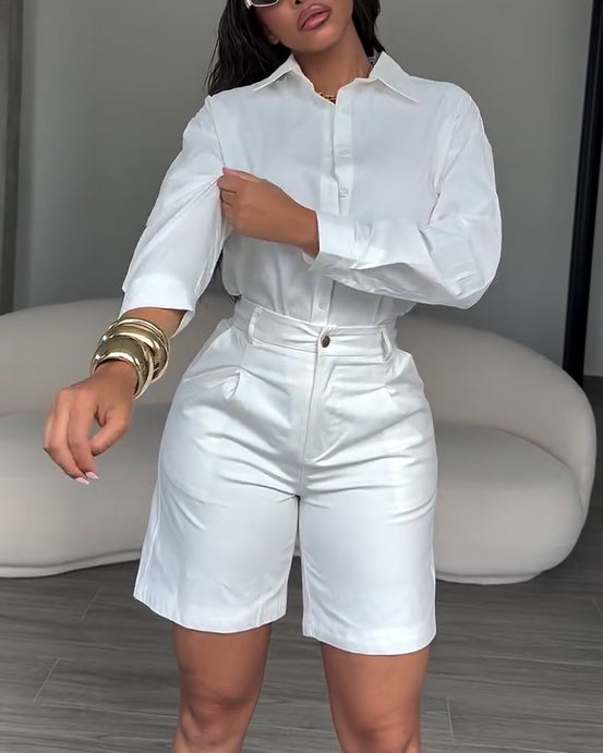 2 Piece Sets For Elegant Button-Down Shirt Paired with Tailored Bermuda Shorts
