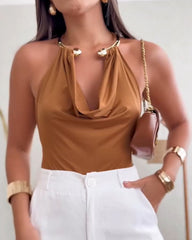 Metal Choker Backless Bodysuit