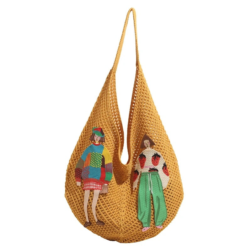 Tamara Two Girls Embroidery Knit Shoulder Bags