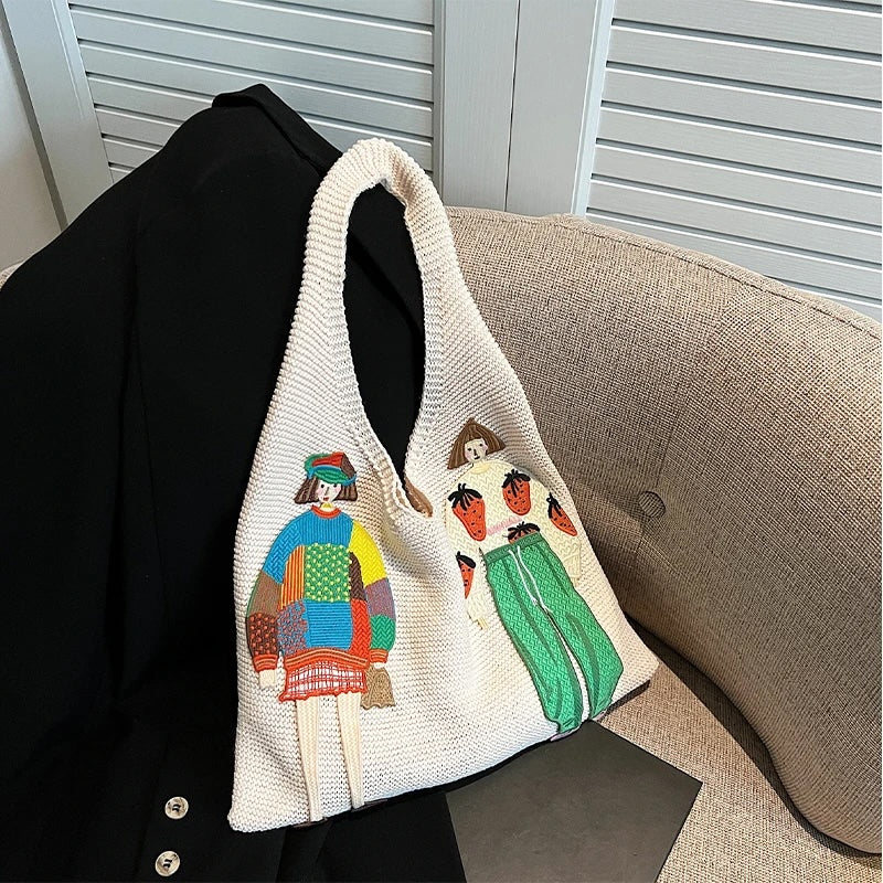 Tamara Two Girls Embroidery Knit Shoulder Bags