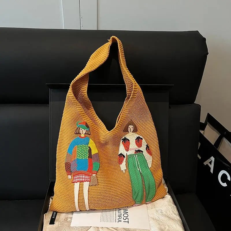 Tamara Two Girls Embroidery Knit Shoulder Bags