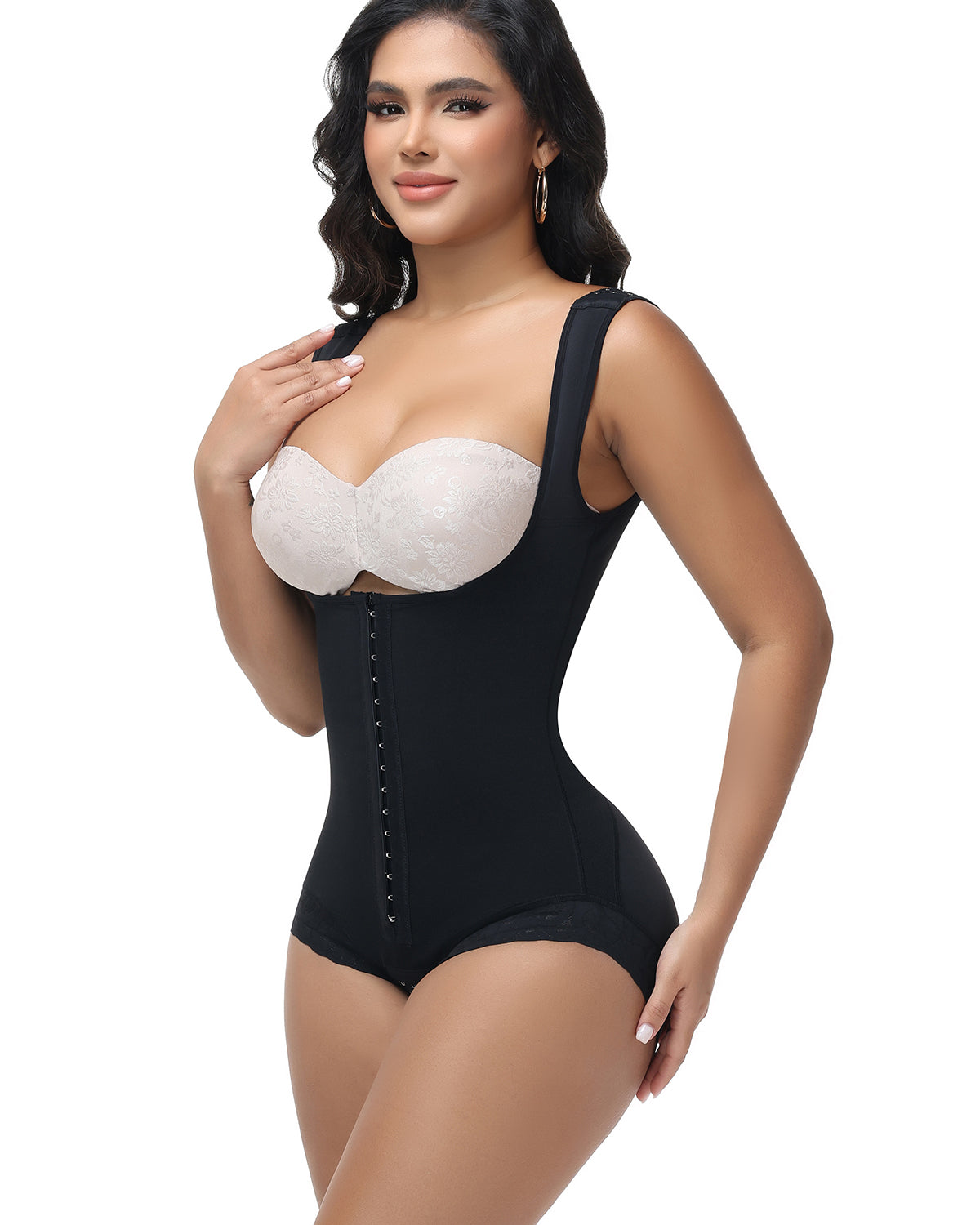 Short One-Piece Eye N Hook Shapewear With Wide Straps Tummy Control Fajas Butt-Lifting Slimming Bodysuit