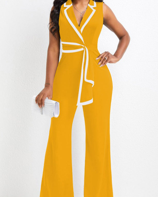 V-Neck Splicing Sleeveless Wide-Leg Jumpsuit