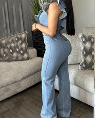 Light Wash Denim Belt Detail V Neck Jumpsuit