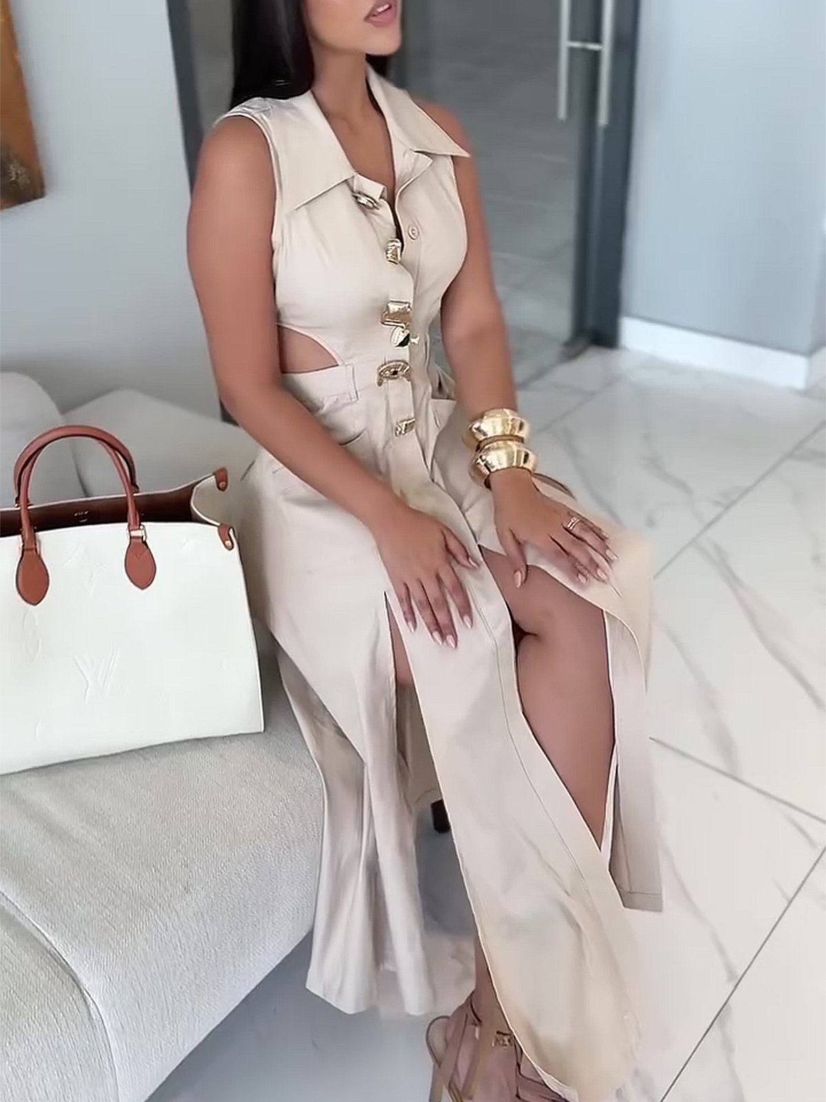 V-neck Metal Button Sleeveless Long Dress