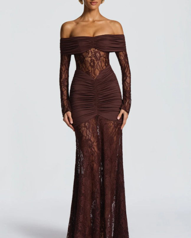 Lace Off-Shoulder Slit Long-Sleeved Dress