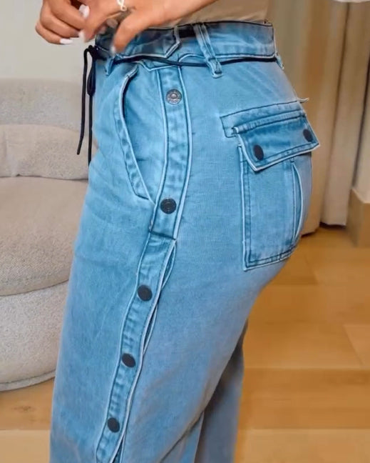 Straight Leg Wide Legs High Waist Baggy Snap Button Side Jeans
