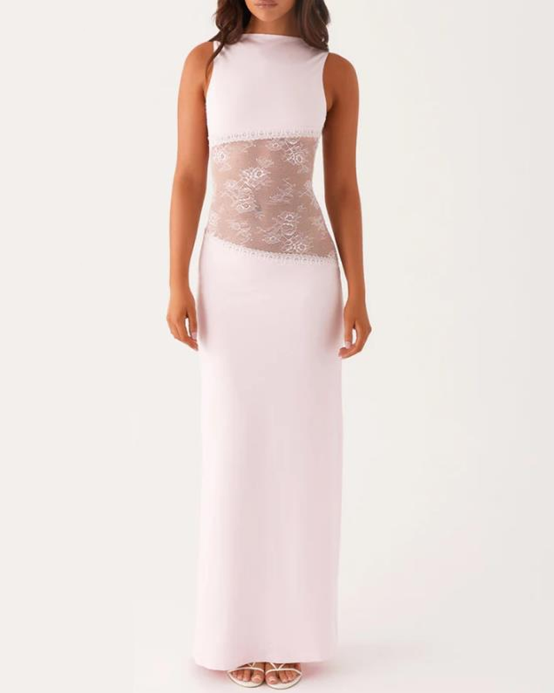Slim Lace Satin Patchwork Backless Maxi Dress