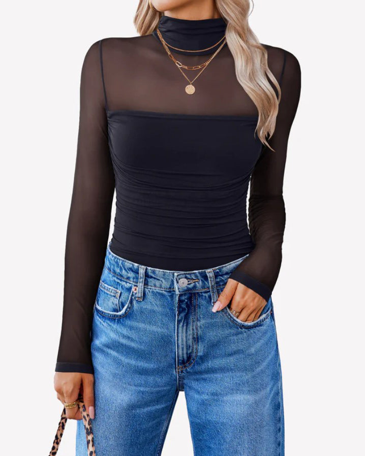 Ruched Sheer Mesh Slimming Shapewear Thong Bodysuit