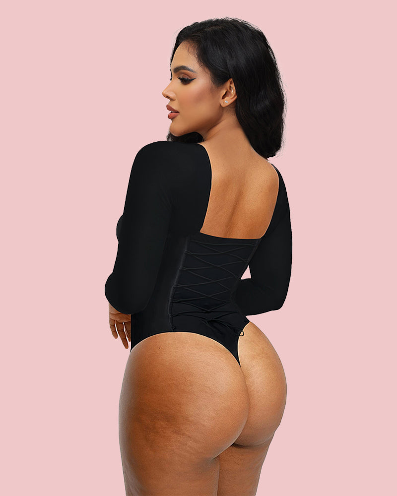 Long Sleeve Back Lace-up Thong Seamless Shapewear