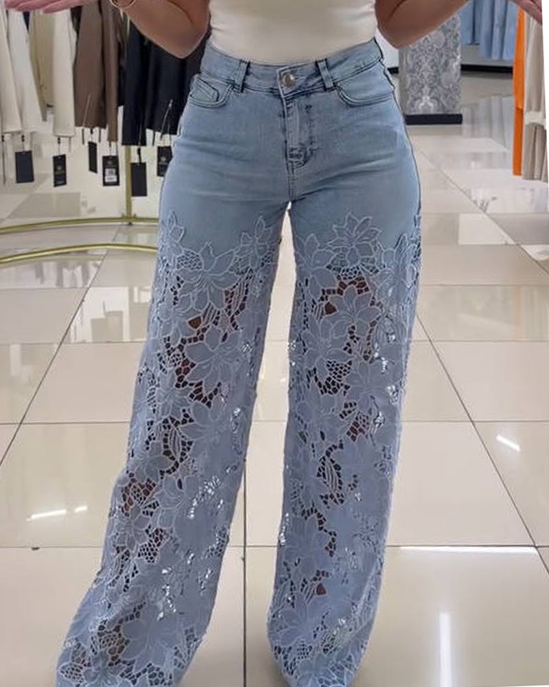 New See Through Lace Slim Straight Leg Jeans
