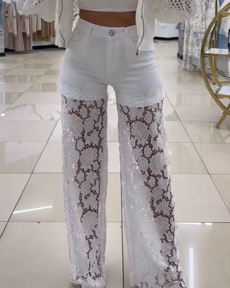 New See Through Lace Slim Straight Leg Jeans