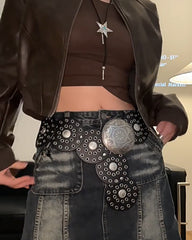 New retro tribal-style metal carved disc hollow patchwork belt