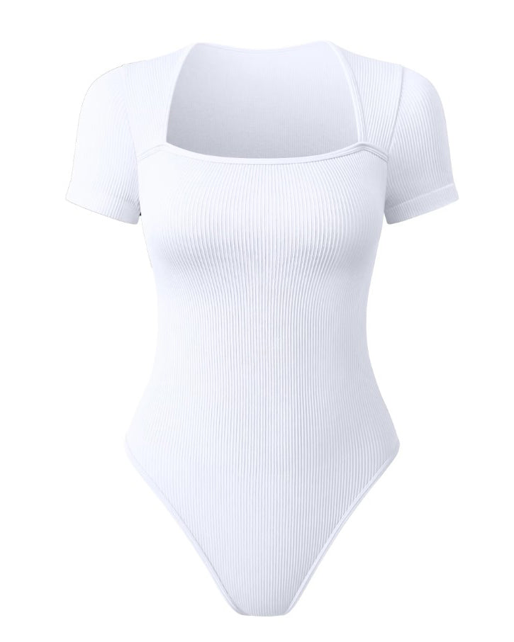 Square Neck Short Sleeve Ribbed Thong Bodysuit