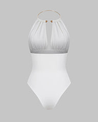 Metallic Decor Halter Neck Ruched Sleeveless Backless Bodysuit