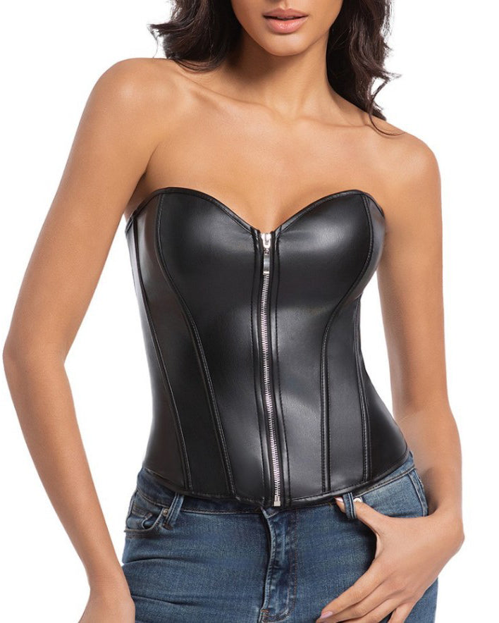 Front Zipper Tummy-Control Leather Corset Top